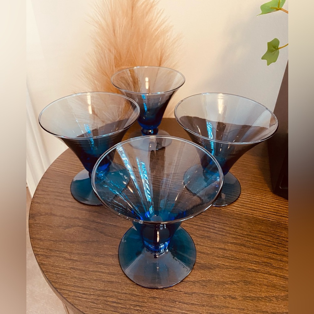 Set of Four Blue Glass Martini Glasses